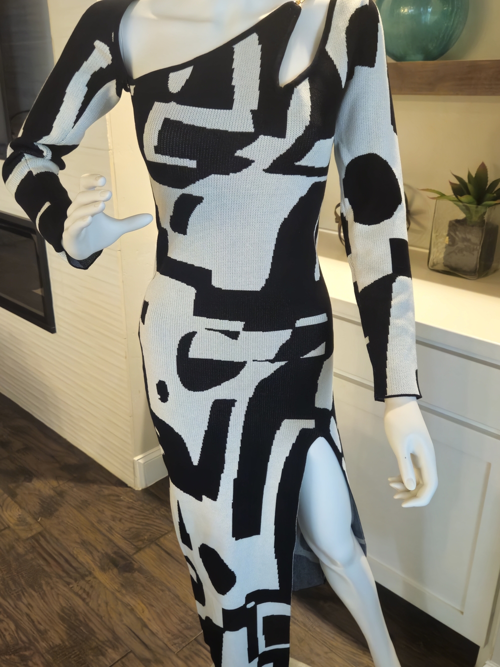 Asymmetrical Black and White Abstract Maxi Dress